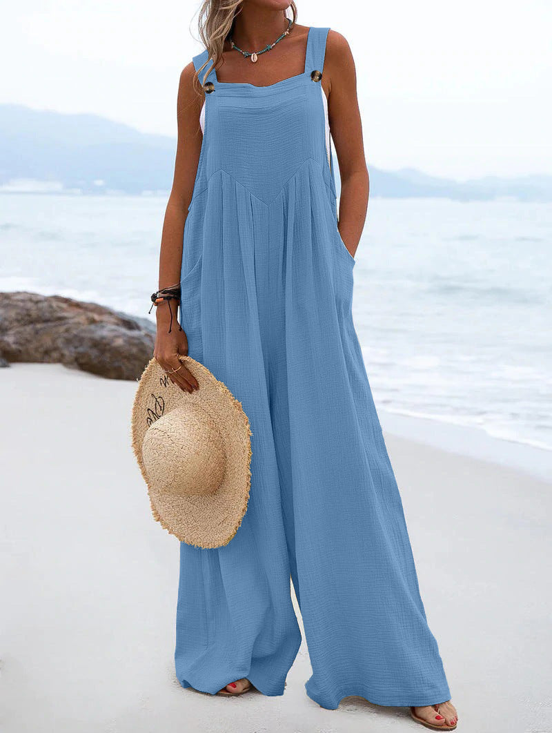 Women’s summer jumpsuit by Bella Mia, ethnic style with solid color and wide-leg fit, perfect for warm weather and casual occasions.