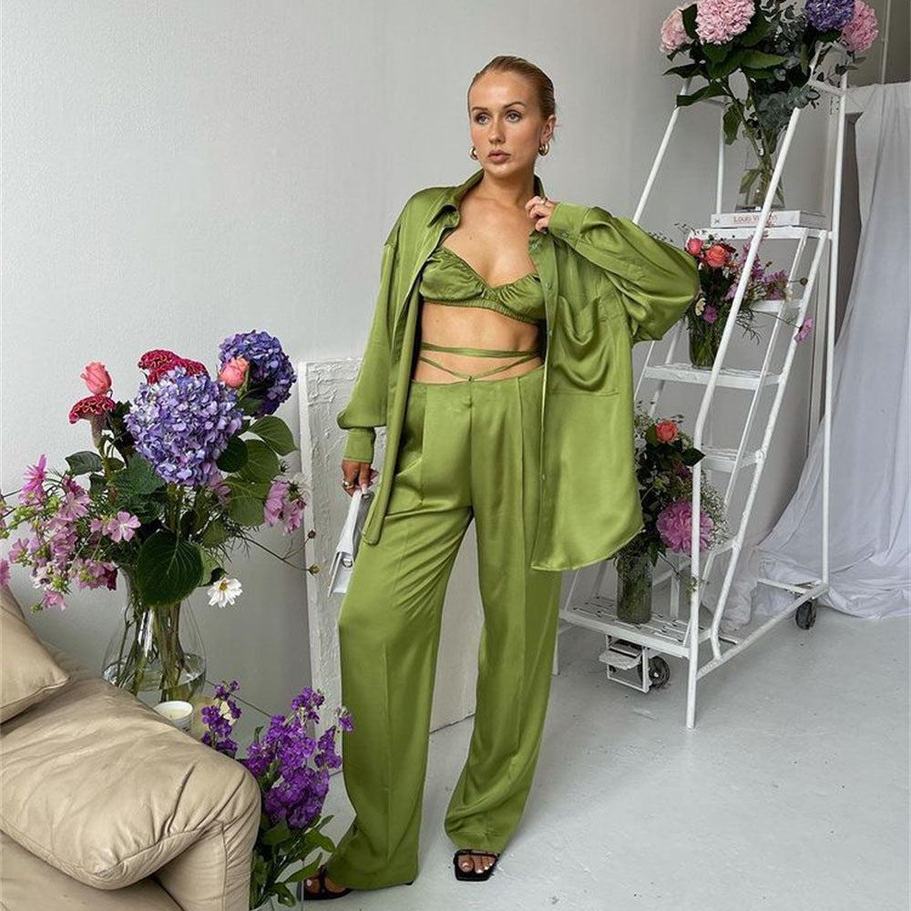 Sexy women's spring summer satin three-piece matching suit with vest, shirt, and straight-leg pants from Plush Fashion Hub.