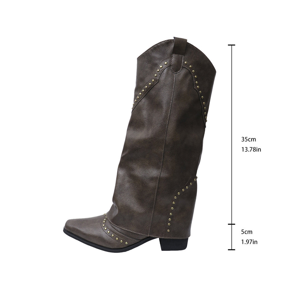 Bella Mia women's retro rivet high top western cowboy boots with pointed toe, slip-on design, long mid heel, and knee-high style.