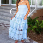 Plush Fashion Hub casual maxi dress with embroidery, hollow out cutout, and tube top design for women, perfect for spring.