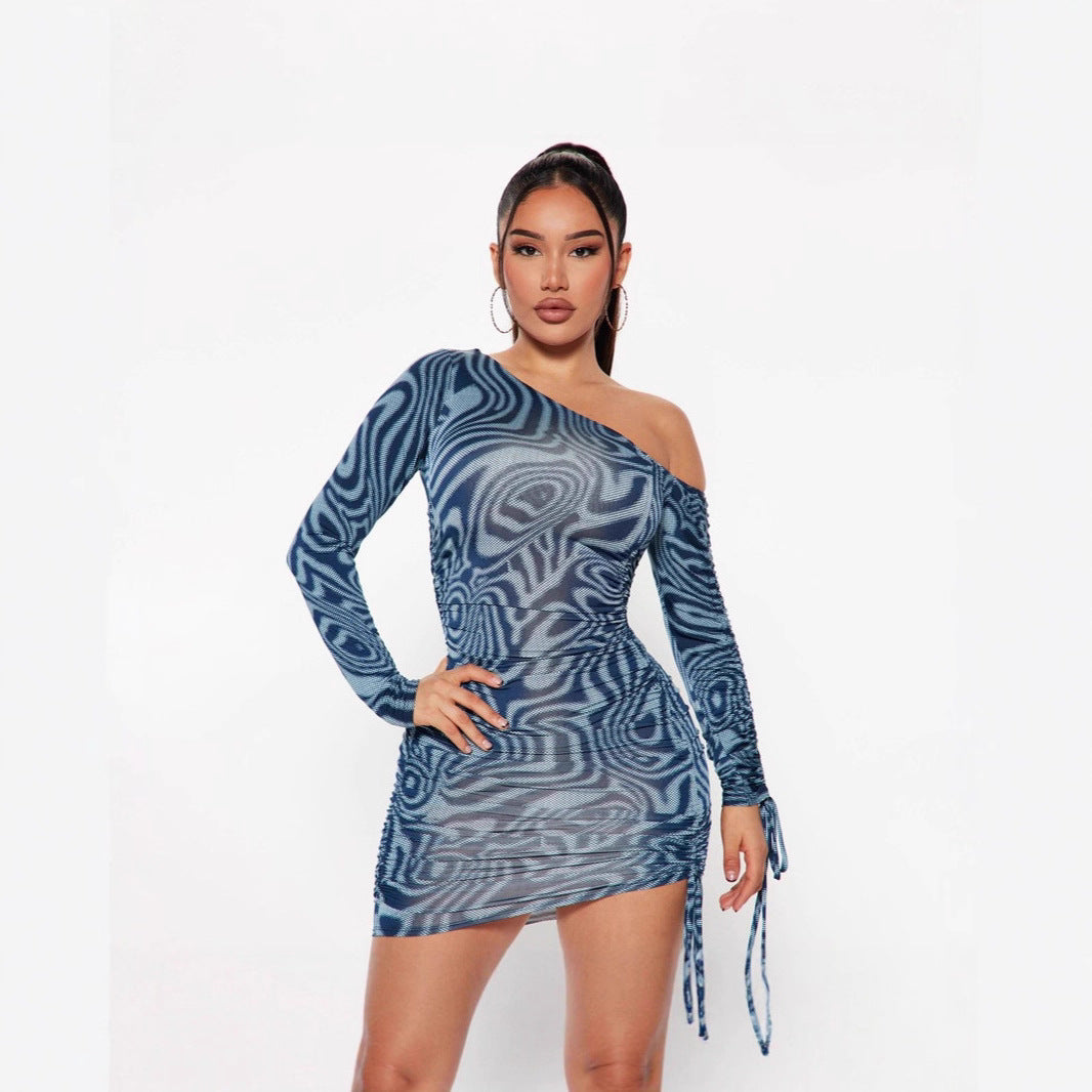 Arrival Women Clothing Floral Print Drawstring Ruffle Lace up Drawstring Long Sleeve Slant Shoulder Tight Dress Bella Mia