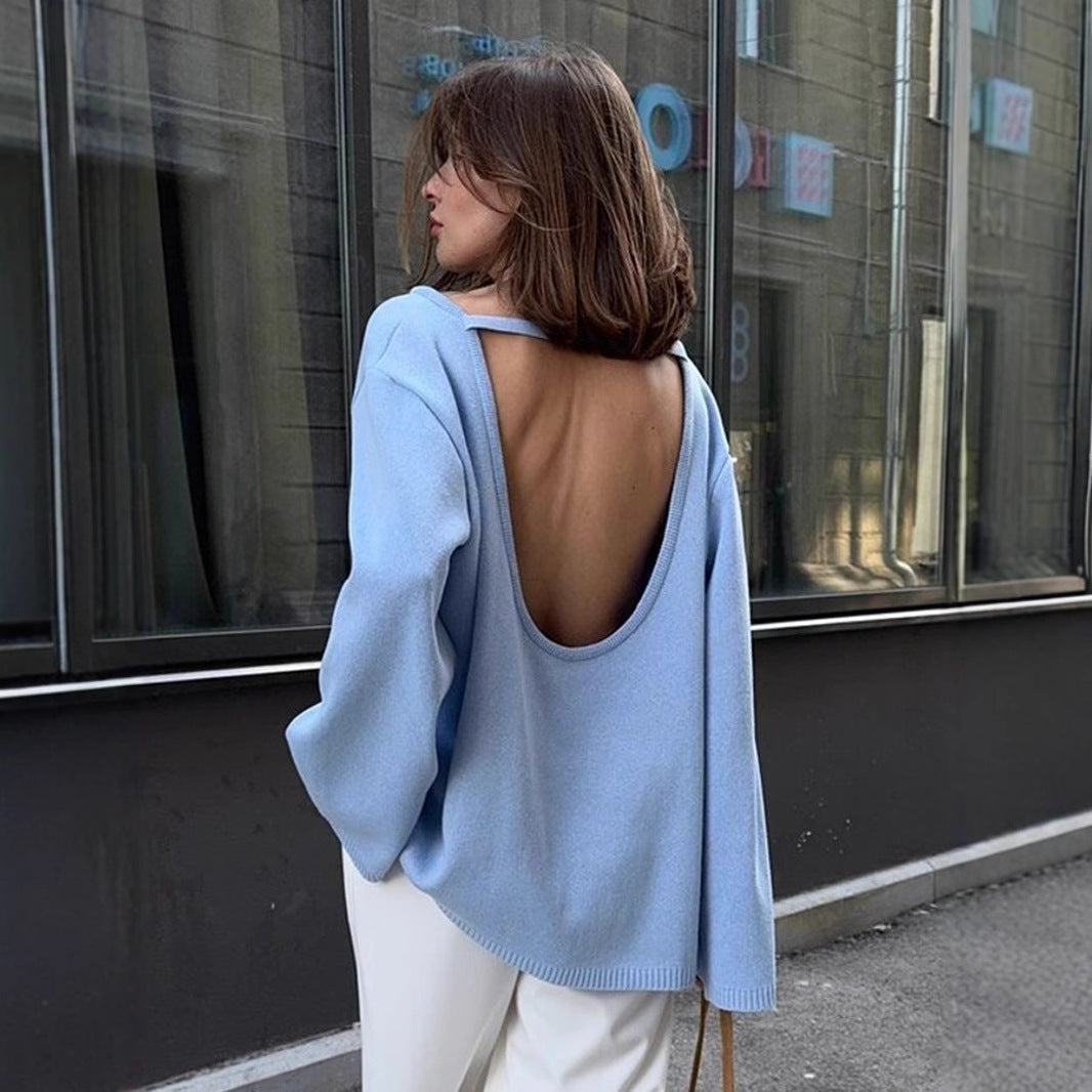 Bella Mia cotton backless knit pullover sweater for women, cozy loose autumn winter outerwear with a stylish, backless design.