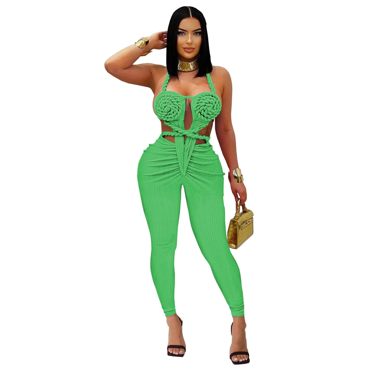 Women’s casual sexy halter backless solid color jumpsuit by Plush Fashion Hub, featuring a stylish and comfortable design.