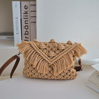 Bella Mia woven cotton beanie crossbody bag with tassels, straw shoulder bag for women, perfect for beach and vacation outings.