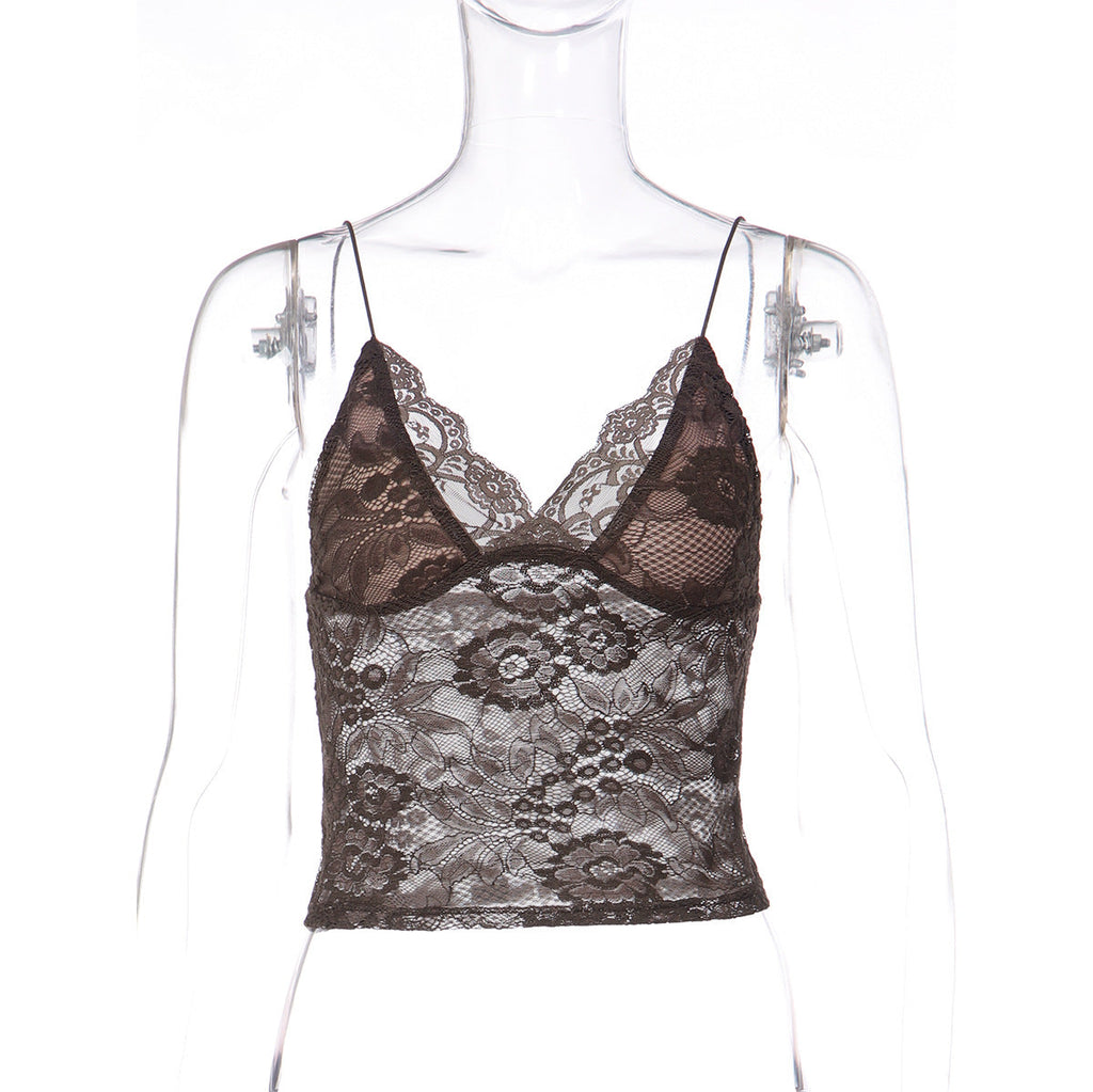 Bella Mia women's see-through lace spaghetti strap bandeau vest with deep V plunge and slim fit design.
