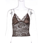 Bella Mia women's see-through lace spaghetti strap bandeau vest with deep V plunge and slim fit design.