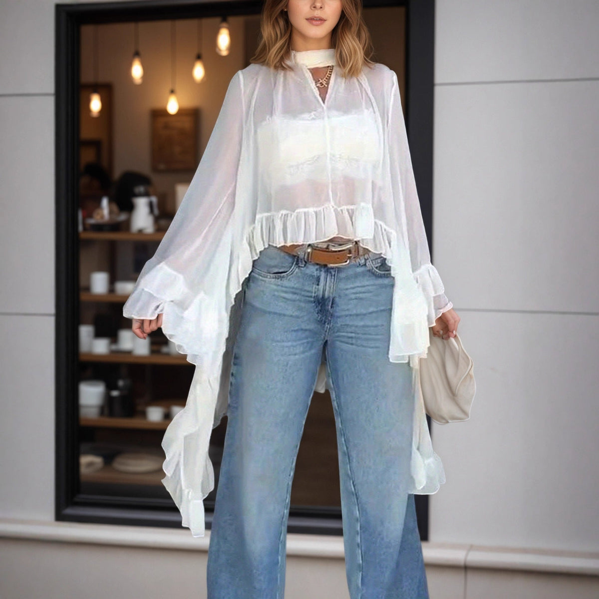 Summer women’s see-through ruffled blouse with hanging collar, long sleeves, and smock style from Plush Fashion Hub.
