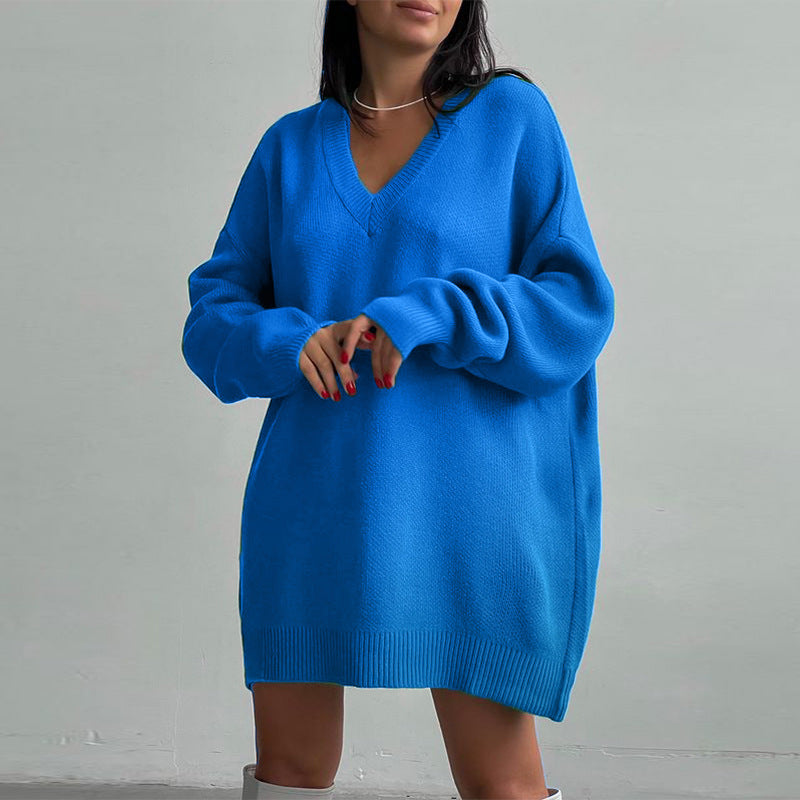 Plush Fashion Hub women's autumn winter long sleeve V-neck loose knitted sweater dress, casual knitwear for women.