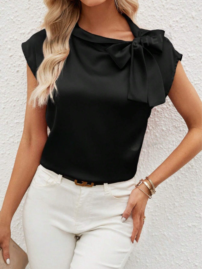 Bella Mia satin women’s top with half open collar and bow design, featuring a special interest style T-shirt.