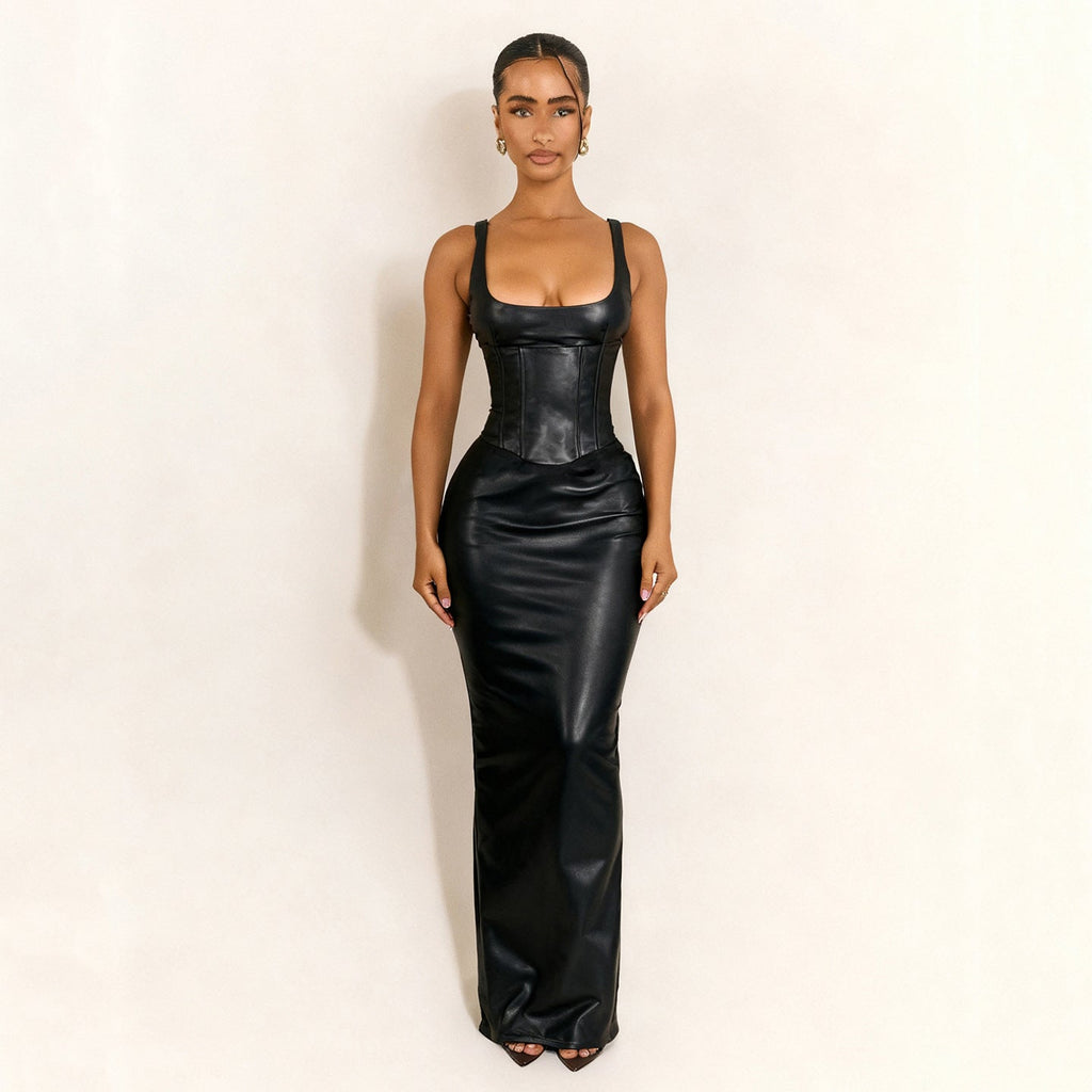 Women’s slim fit leather sheath dress with square collar, low cut neckline, drawstring waist, and split design by Bella Mia