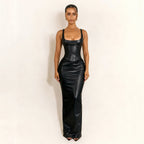 Women’s slim fit leather sheath dress with square collar, low cut neckline, drawstring waist, and split design by Bella Mia