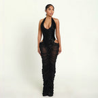Bella Mia women’s autumn winter dress with sequ stitch details, see-through mesh fabric, ruffle accents, and a sexy hip fit.