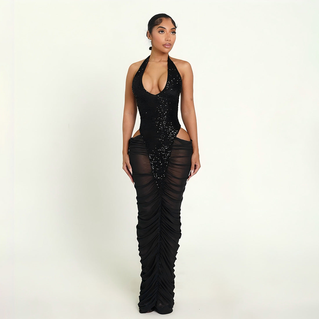 Bella Mia women's ruffle hip dress with mesh see-through design, sequined stitching, perfect for autumn winter fashion.