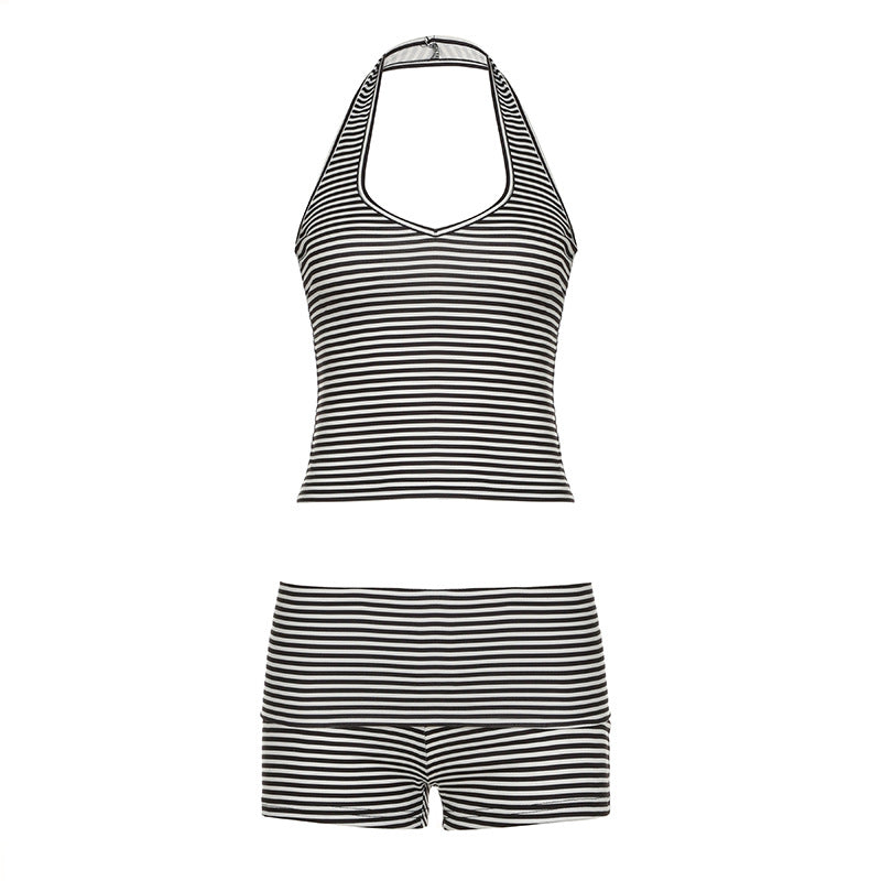 Black and white striped halterneck vest and matching flanged shorts set, perfect for summer casual streetwear by Plush Fashion Hub.