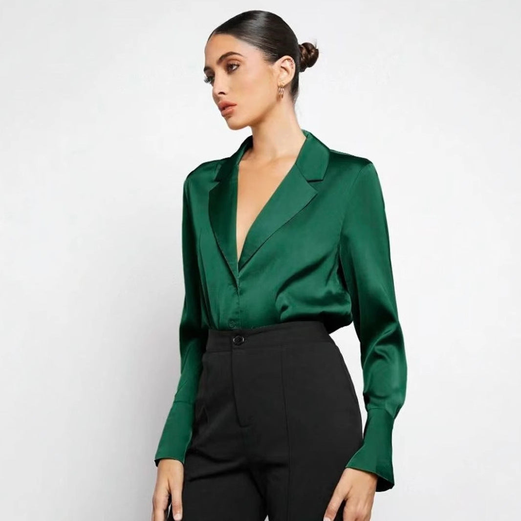 Elegant satin faux silk long sleeve shirt for women, minimalist spring summer top by Bella Mia, shown on a hanger.