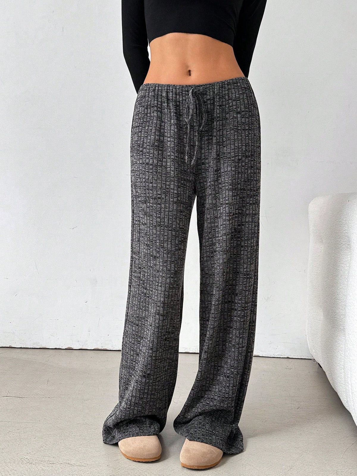 Casual women's striped straight-leg pants with rubber bands and drawstrings in autumn winter solid colors by Plush Fashion Hub