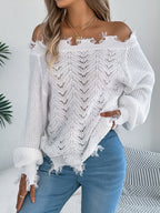 Bella Mia women's long sleeve hollow out cutout shoulder pullover sweater in solid autumn winter colors, outerwear for women.