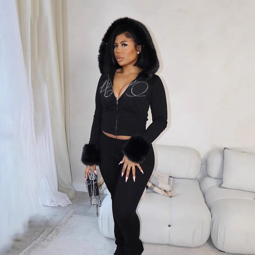 Bella Mia furry long-sleeved zipper sweater coat and rhinestone sweatpants two-piece set, casual autumn winter fashion for women.