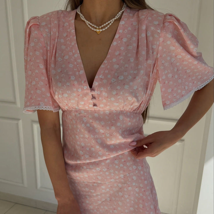 Women’s summer floral dress by Plush Fashion Hub, casual V-neck short sleeve dress with high waist, perfect for warm weather.