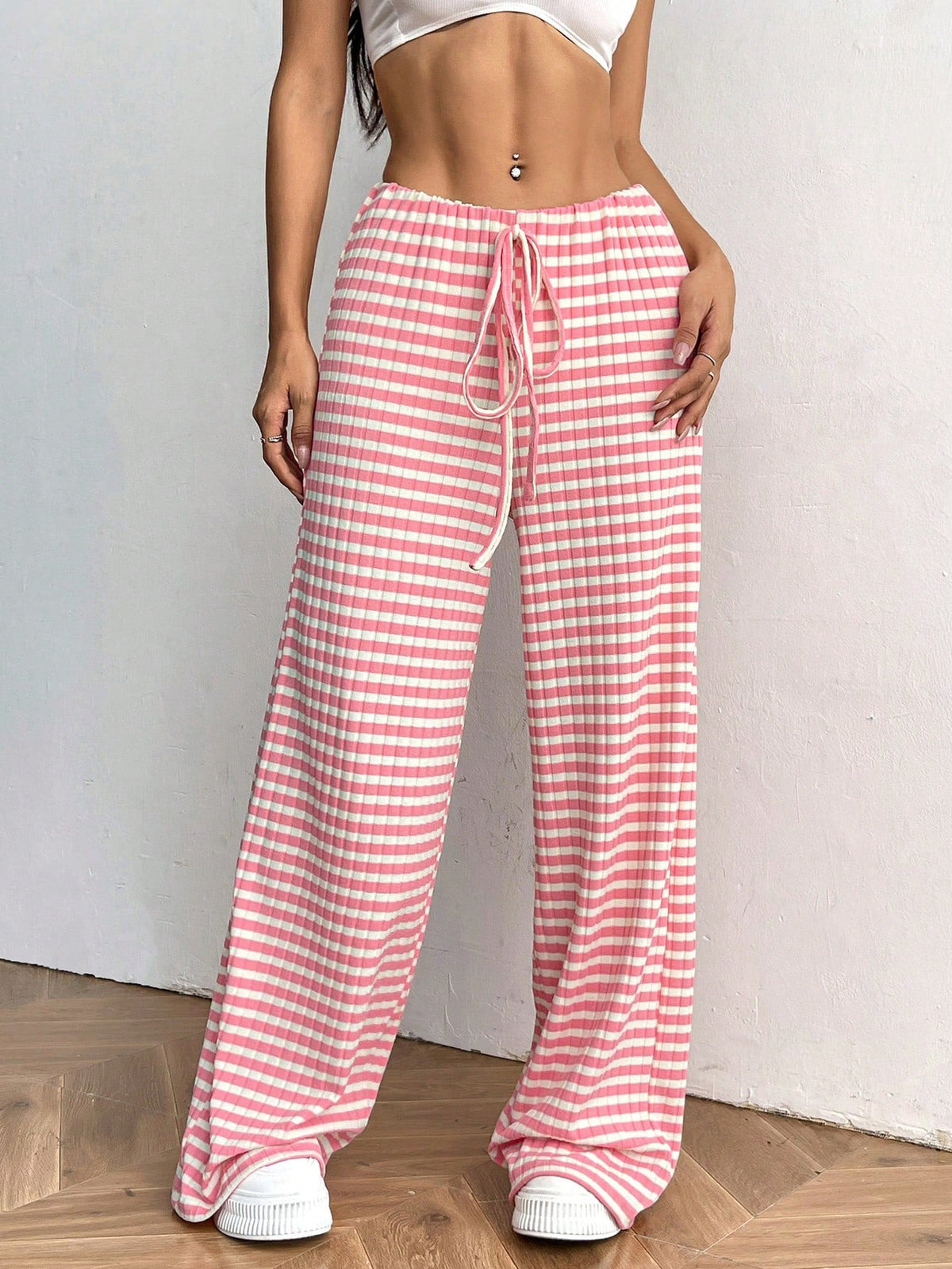 Women’s casual striped straight-leg pants with rubber band waist and drawstring in solid autumn winter colors by Plush Fashion Hub