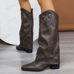 Bella Mia women's retro rivet high top western cowboy boots with pointed toe, slip-on design, long mid heel, and long shaft.