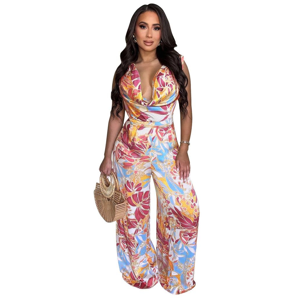 Women’s sleeveless lace-up wide-leg printed jumpsuit by Bella Mia, featuring a stylish and comfortable design.