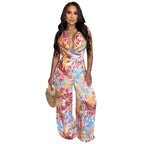 Women’s sleeveless lace-up wide-leg printed jumpsuit by Bella Mia, featuring a stylish and comfortable design.