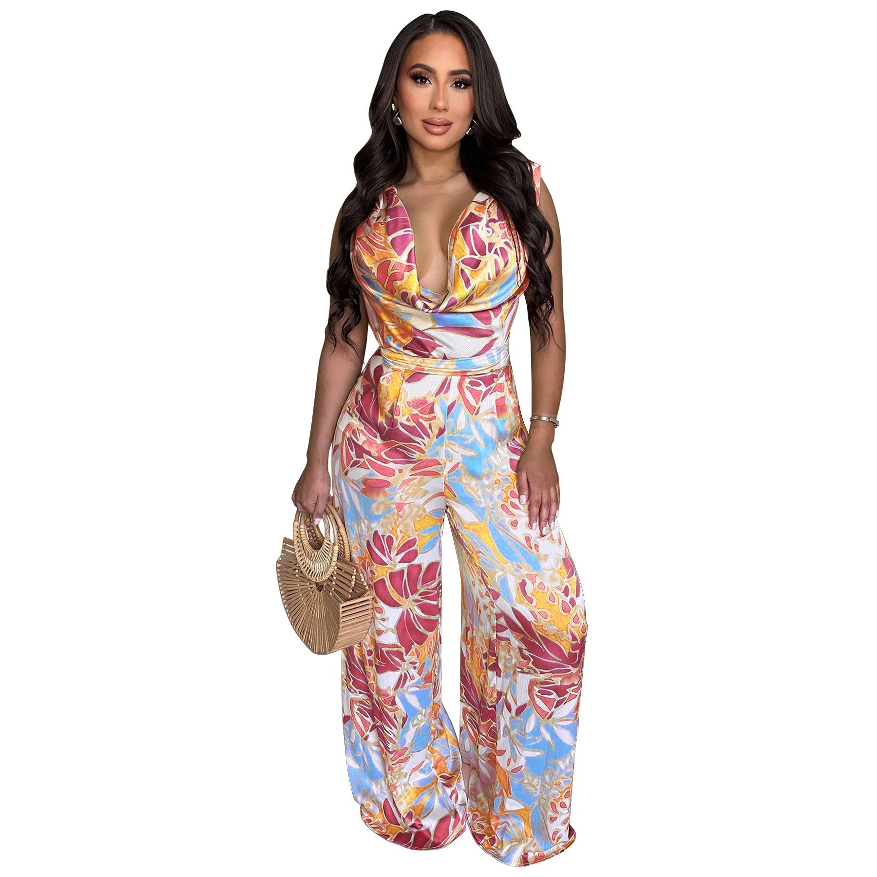 Women’s sleeveless lace-up wide-leg printed jumpsuit by Bella Mia, featuring a stylish and comfortable design.