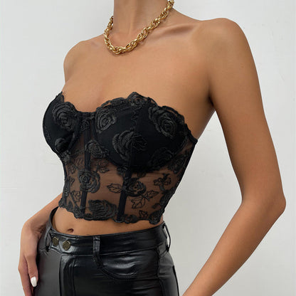 Black sexy Stitching Three-Dimensional Floral Steel Ring Wrapped Chest Slim Small Vest Female Boning Corset Boning Corset Corset Bella Mia
