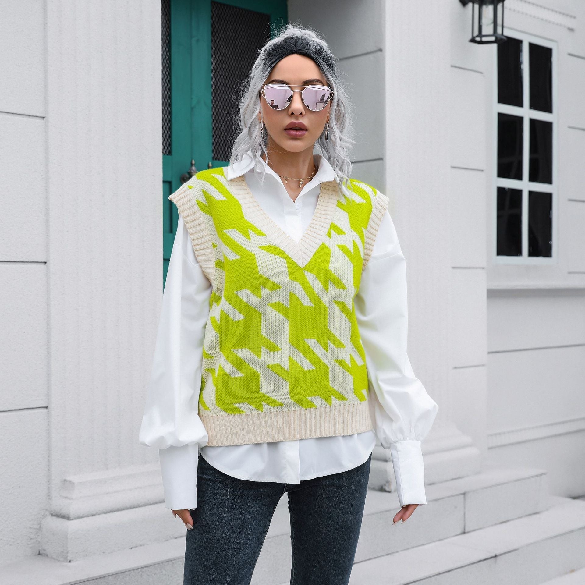 Bella Mia houndstooth V-neck knit vest sweater for women, stylish outerwear for autumn and winter, boucle knit design.