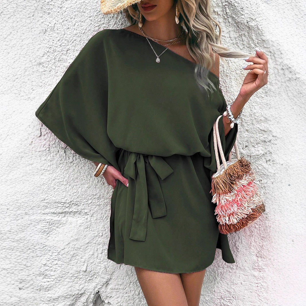 Women Clothing Satin off Shoulder Satin Dress Asymmetric High Waist Dress Bella Mia