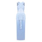 Plush Fashion Hub women's sexy solid color mesh cross dress with pleats, see-through design, perfect for vacation or stylish outings.
