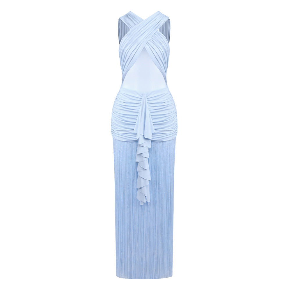 Women’s sexy solid color mesh cross dress with pleats, sling design, and see-through fabric by Plush Fashion Hub.