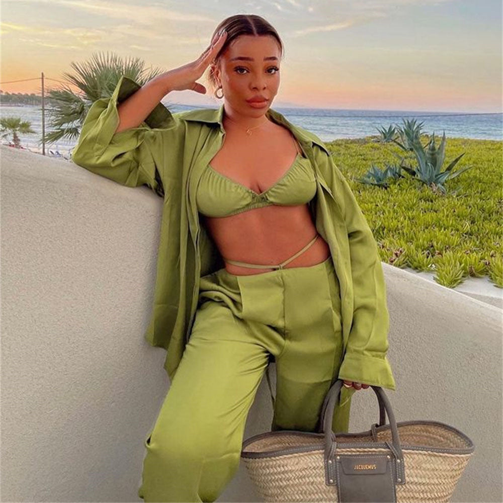 Women’s satin spring summer casual vacation three-piece suit with vest, shirt, and straight-leg pants by Plush Fashion Hub