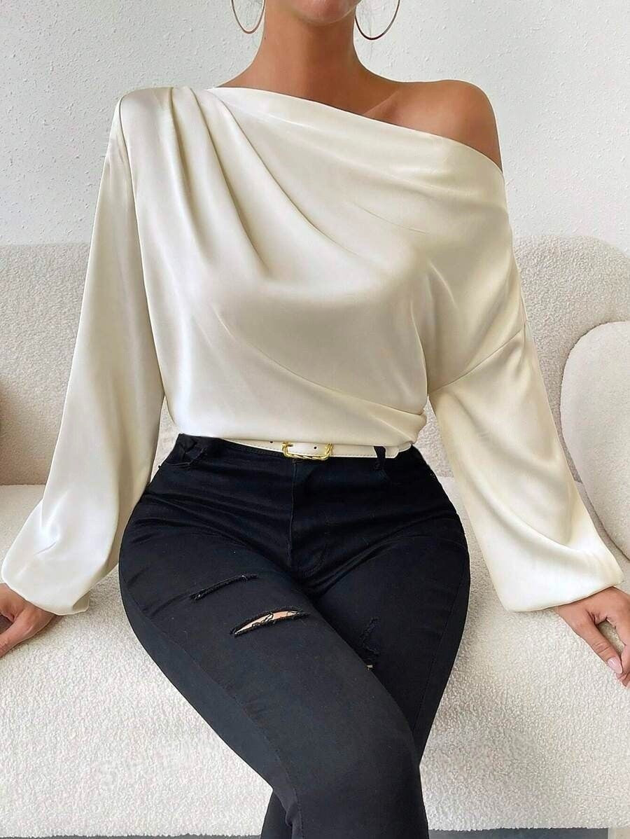 Bella Mia women's satin long sleeve shirt with oblique shoulder design and asymmetric pullover style in solid color.