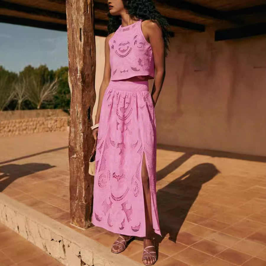 Casual sleeveless skirt and matching top set with pockets, loose fit, perfect for vacation, by Plush Fashion Hub.