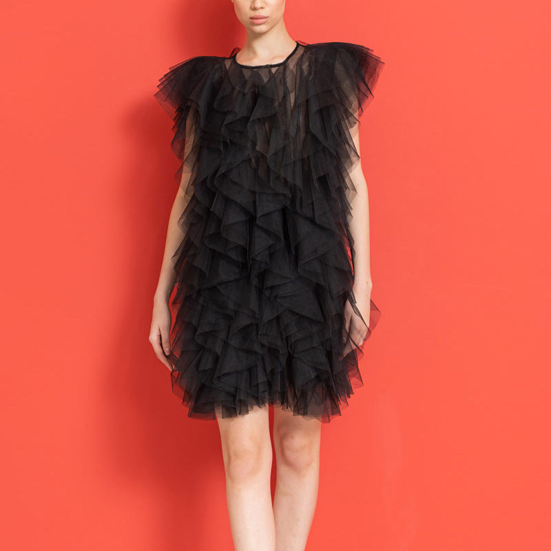 See-through organza sleeveless dress with irregular asymmetric ruffled stitching, designed for women by Plush Fashion Hub.
