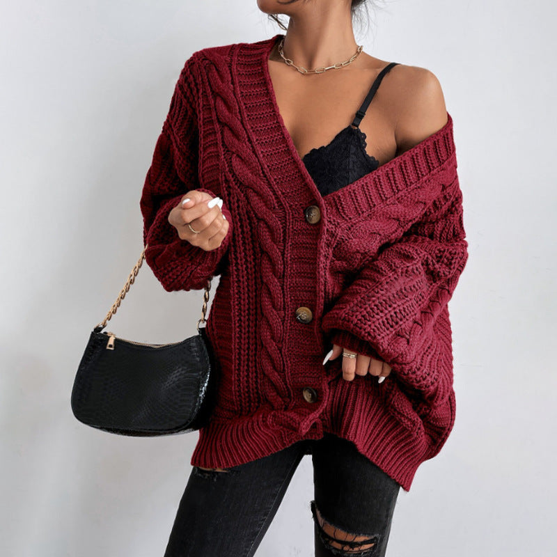 Bella Mia women's V-neck sweater with retro loose fit, twist lantern sleeves, knitted cardigan outerwear on a model.