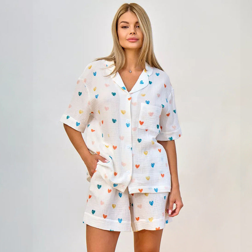 Bella Mia women's summer crepe pajamas set with heart print, including cardigan, half sleeves, and matching shorts.