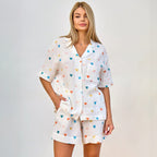 Bella Mia women's summer crepe pajamas set with heart print, including cardigan, half sleeves, and matching shorts.
