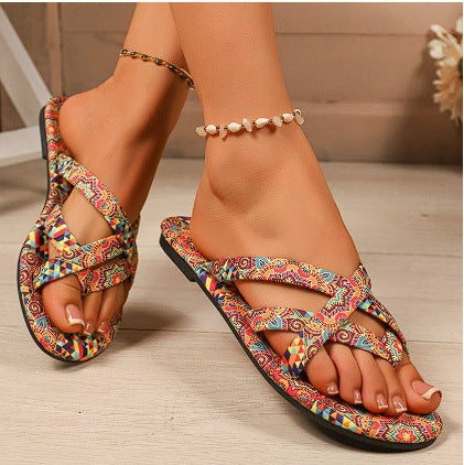 Women’s boho flat printed slippers by FitiqueFit, featuring colorful, patterned design and comfortable slip-on footwear for women.