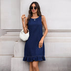 Summer round neck denim dress with ruffled hem and back button details, straight fit by Plush Fashion Hub.