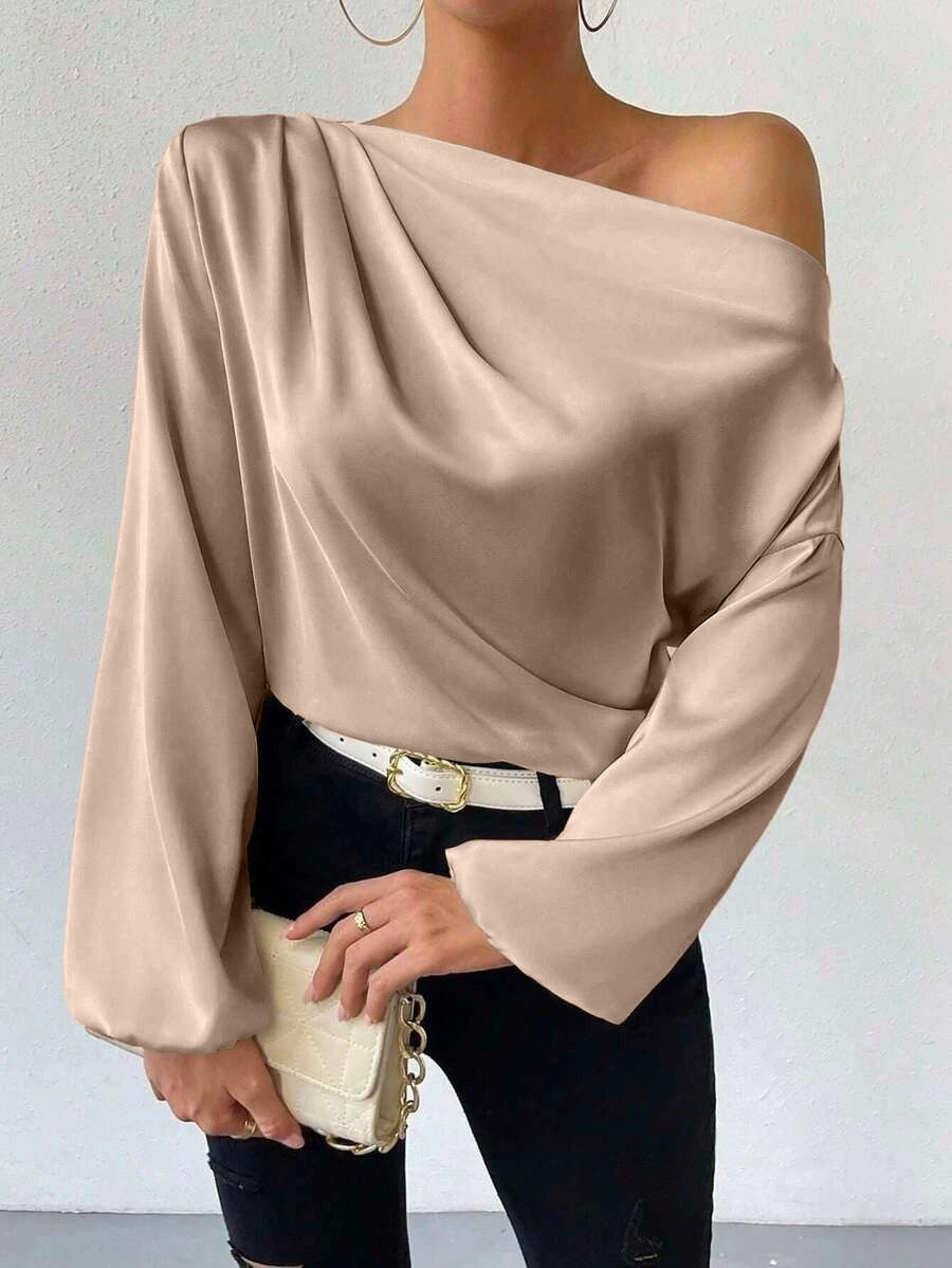 Bella Mia women's satin long sleeve top with oblique shoulder design and asymmetric, solid color pullover style.