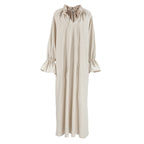 Bella Mia French design split lace-up maxi dress for women, long linen dress with elegant lace details and a sophisticated office style