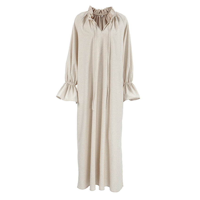 Bella Mia French design split lace-up maxi dress for women, long linen dress with elegant lace details and a sophisticated office style