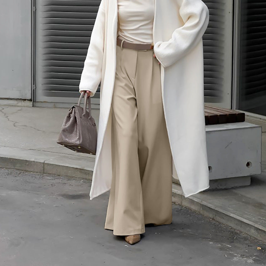 Bella Mia casual khaki wide-leg pants, high waist, elegant autumn winter bottoms, suitable for office or relaxed wear.