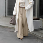 Elegant beige wide leg pants by Bella Mia, high waist casual trousers for office and autumn winter fashion, bottoms.