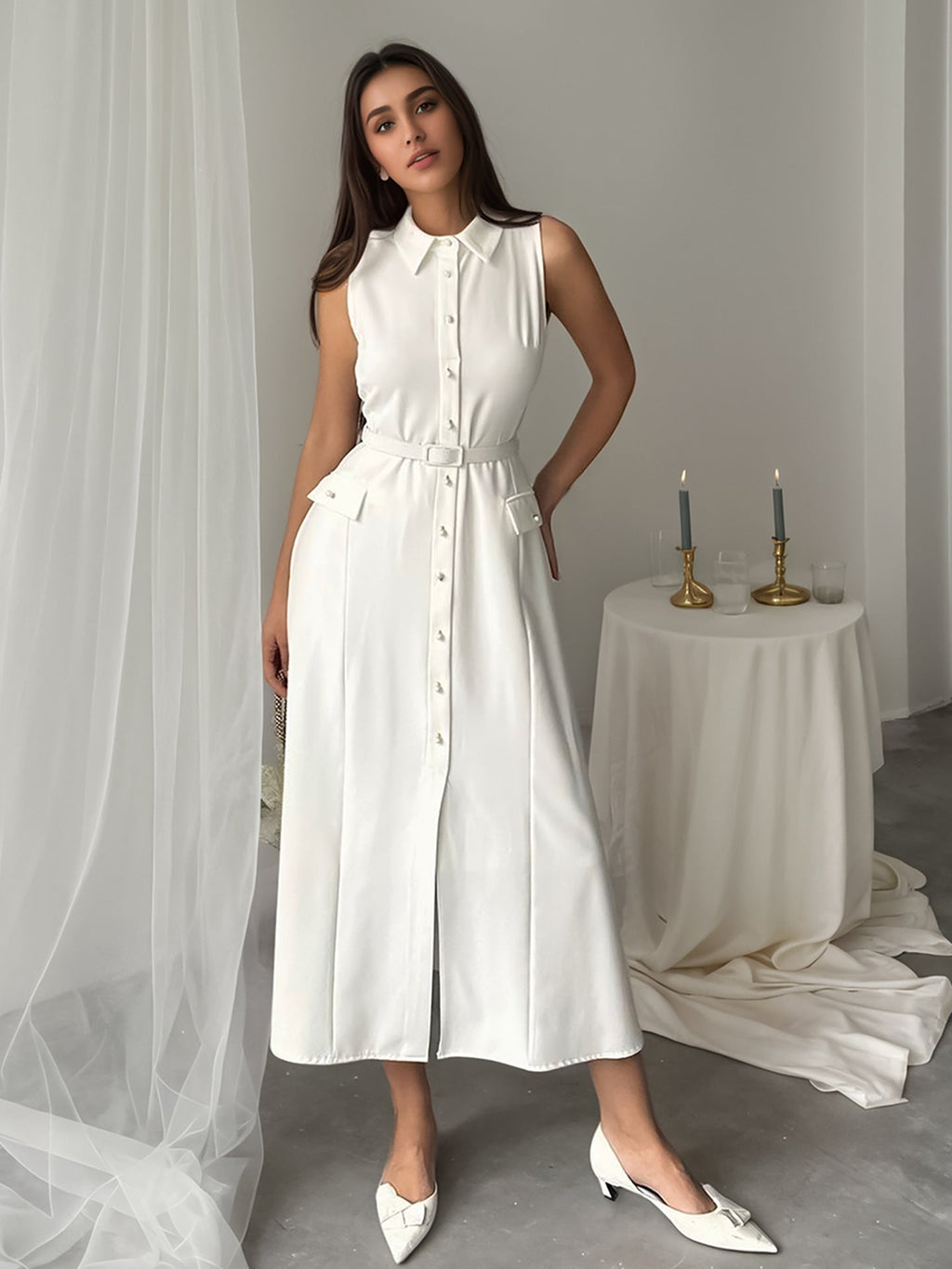 Plush Fashion Hub sleeveless solid color office dress with belt, pearl buckle, slim fit, slit, perfect for summer and autumn.