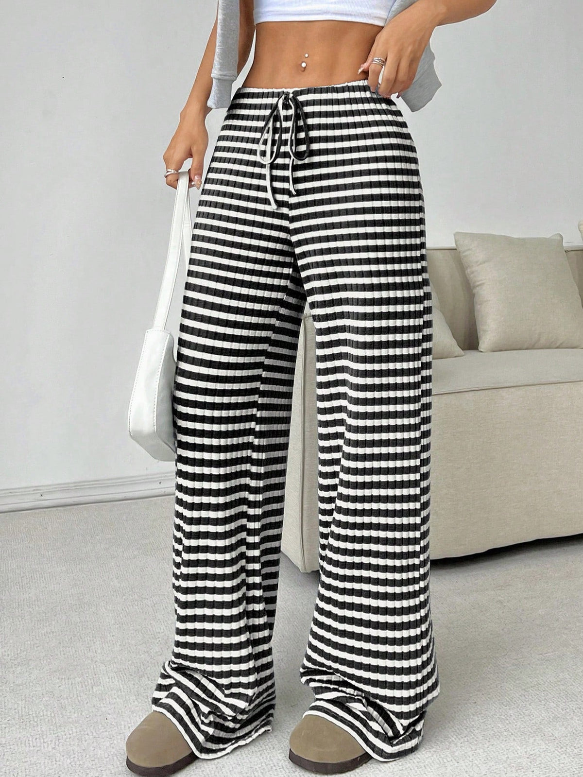 Women’s striped solid color casual pants with rubber band waist and drawstring, straight leg style by Plush Fashion Hub.