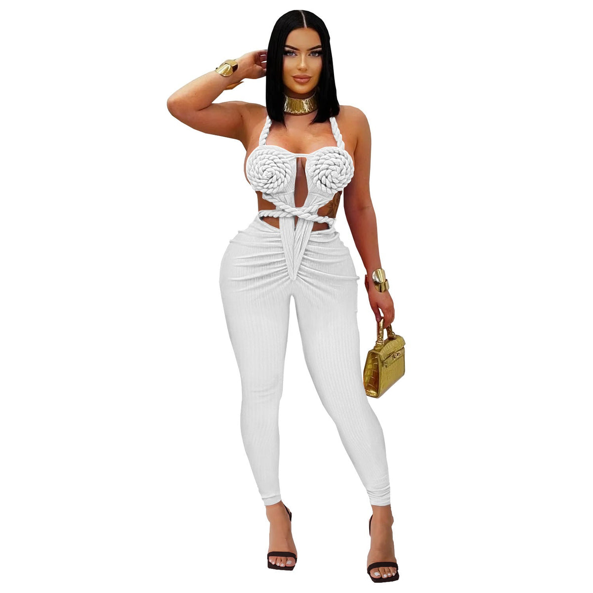 Women wearing a casual backless solid color jumpsuit by Plush Fashion Hub, featuring a halter neckline and relaxed fit.